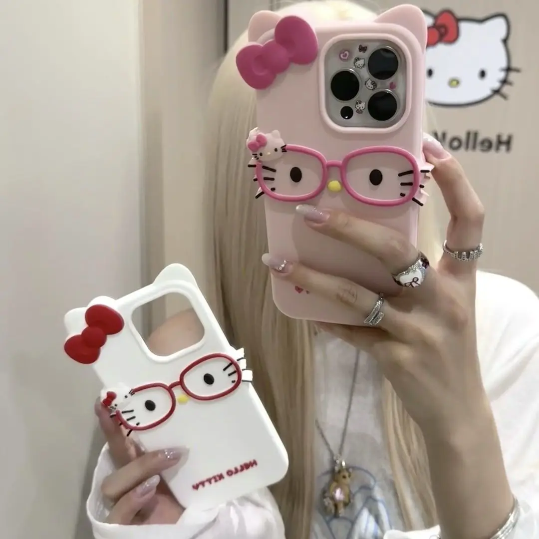 New 3D Glasses Cat Pattern Cartoon Character iPhone Silicone Phone Case 17 Pro Max 16 Plus 15 Plus 14 13 Girls' Festival Gift