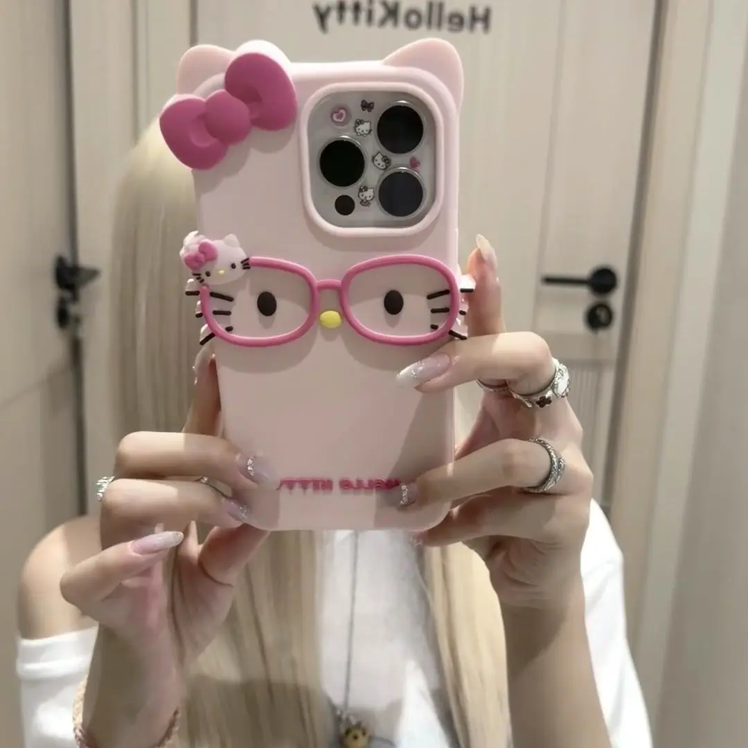New 3D Glasses Cat Pattern Cartoon Character iPhone Silicone Phone Case 17 Pro Max 16 Plus 15 Plus 14 13 Girls' Festival Gift
