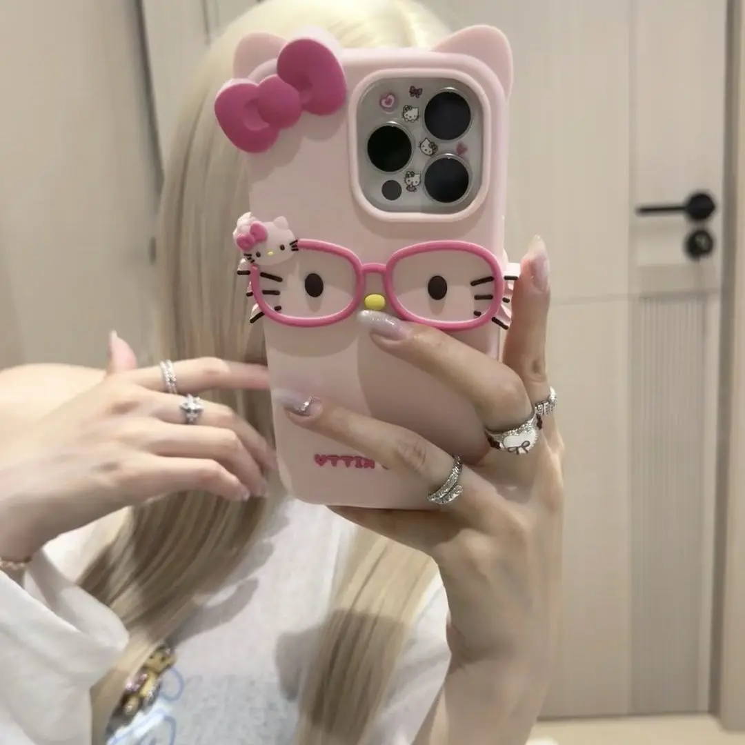 New 3D Glasses Cat Pattern Cartoon Character iPhone Silicone Phone Case 17 Pro Max 16 Plus 15 Plus 14 13 Girls' Festival Gift