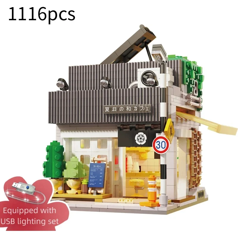 Cada LED City Japanese Street View Bricks Shop LED Japanese Steamed Bun House Architecture Building Blocks Summer Cafe Toys