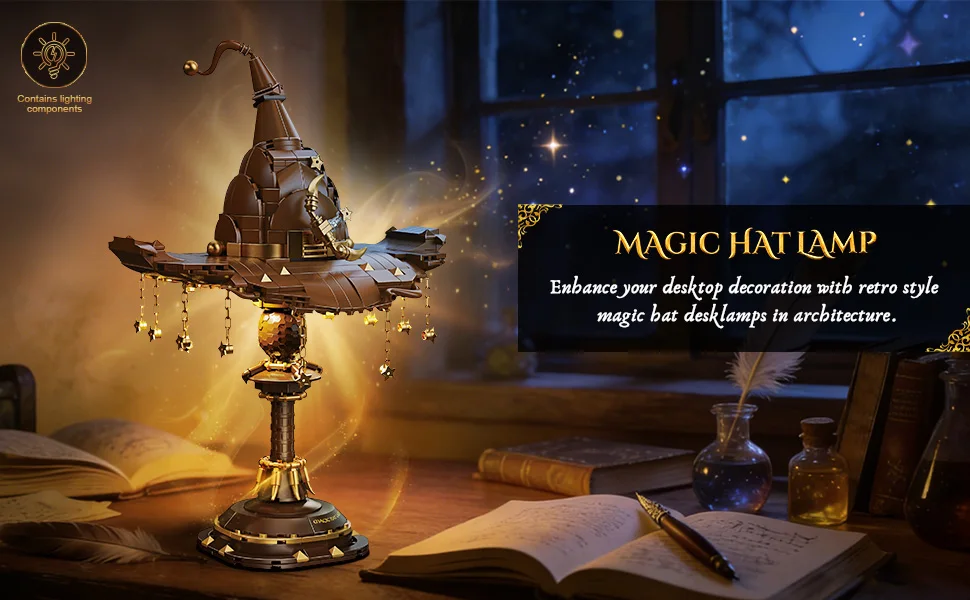 698Pcs Wizard Hat Building Blocks Set with Light Table Lamp DIY Potter Brick Toys Home Decoration Birthday Gift for Kids Adult