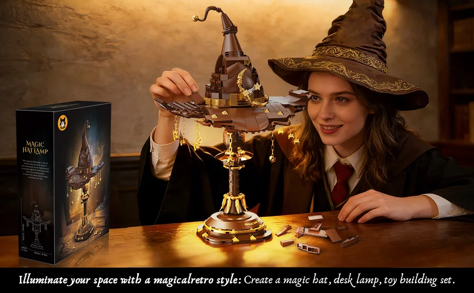 698Pcs Wizard Hat Building Blocks Set with Light Table Lamp DIY Potter Brick Toys Home Decoration Birthday Gift for Kids Adult