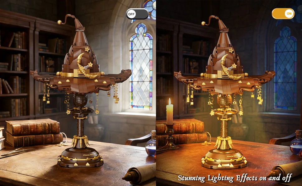 698Pcs Wizard Hat Building Blocks Set with Light Table Lamp DIY Potter Brick Toys Home Decoration Birthday Gift for Kids Adult