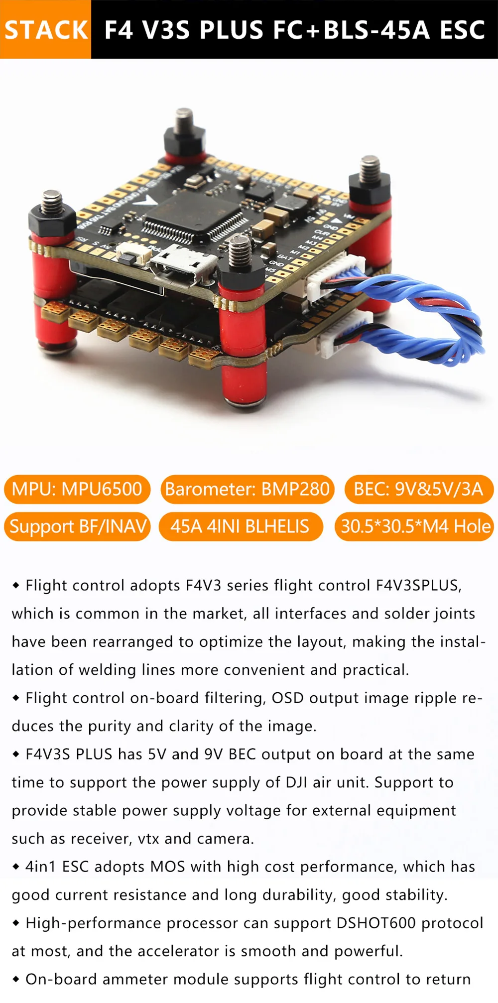 F4V3S F4 V3 V3S PLUS FC Stack/Flytower Flight Controller Board Barometer OSD 30A 45A 60A ESC for FPV Racing Drone Quadcopter