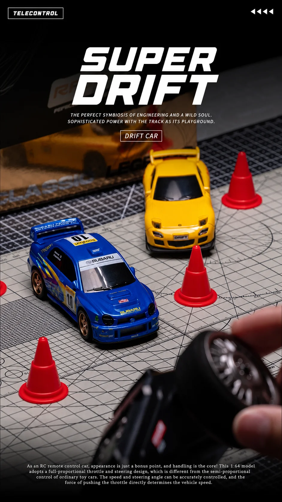 1:43 RC Drift Car 4WD Remote Control Racing Car Mazda RX7 Subaru STI with LED Lights High Speed Mini Vehicle Toy Gift for Boys