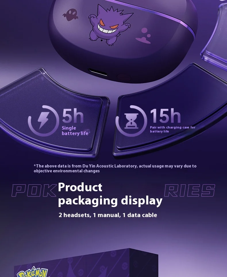 Anime Pokemon Gengar Figure Bluetooth Ear Clip Headset Hifi Stereo Wireless Sports Game Earbuds Long Battery Life Trendy Gifts