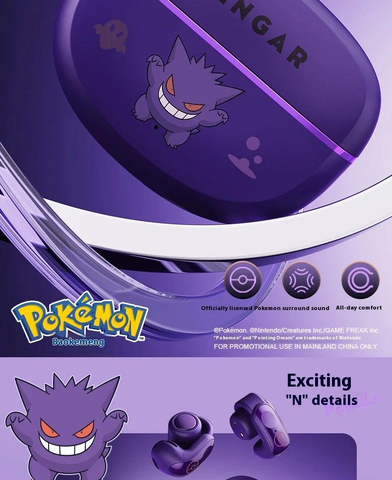 Anime Pokemon Gengar Figure Bluetooth Ear Clip Headset Hifi Stereo Wireless Sports Game Earbuds Long Battery Life Trendy Gifts