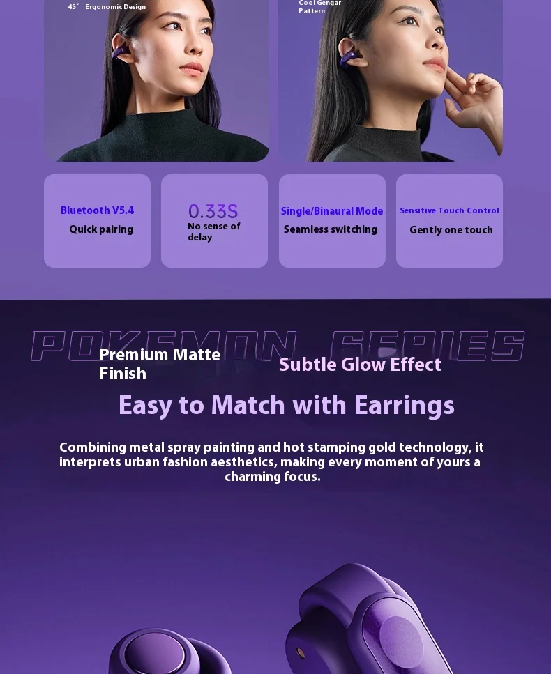 Anime Pokemon Gengar Figure Bluetooth Ear Clip Headset Hifi Stereo Wireless Sports Game Earbuds Long Battery Life Trendy Gifts