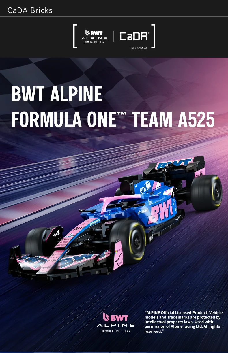 CaDA Alpine F1 A525 Formula Racing Car No.43 Collectible Building Blocks, Assembly Toys for Boys and Girls, Holiday Gifts