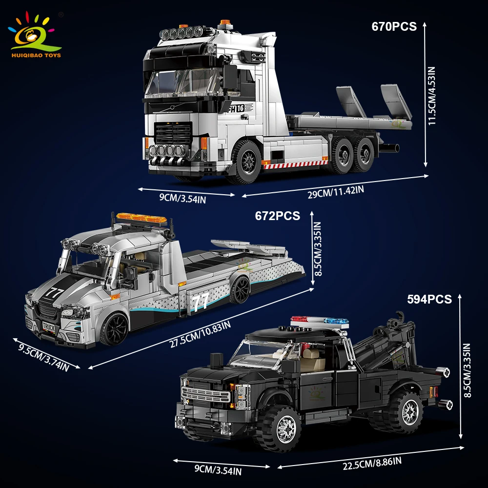 HUIQIBAO MOC Tow Truck Model Building Blocks City Trailer Bricks Toy for Kids Boy Gift Children Adult Car Set Home Decoration