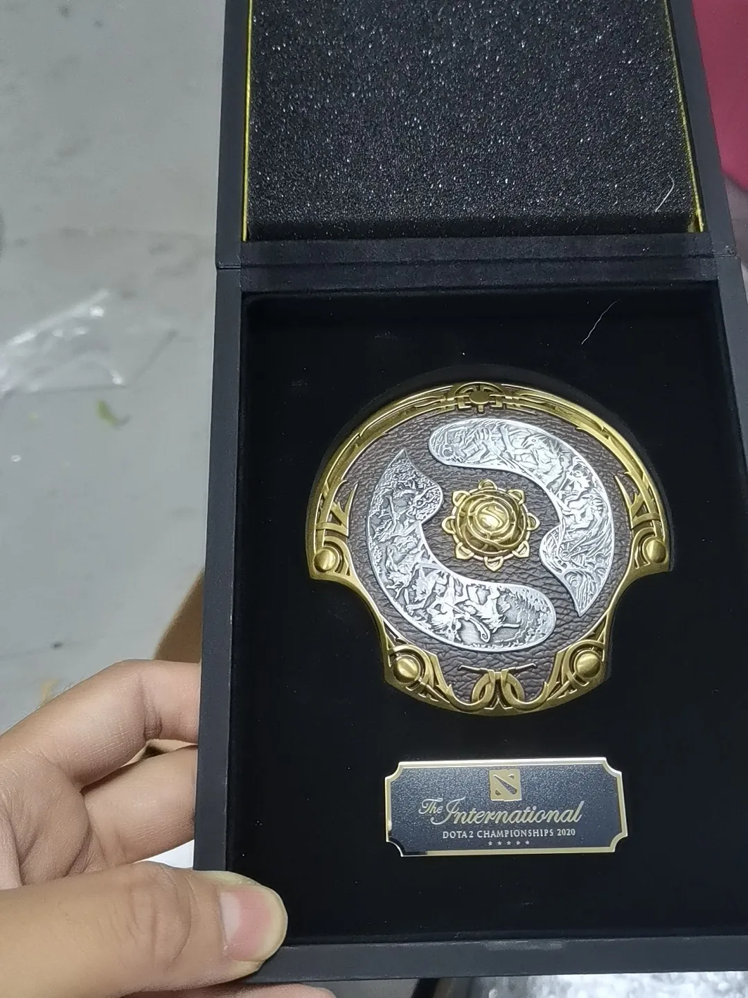 DOTA2 TI10 Aegis of Champions Metal Shield Double‑Sided Engraved with Display Box Collectible Gift for Dota2 Fans