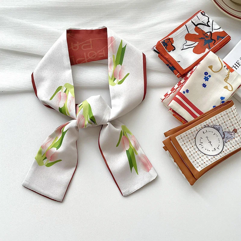 New luxury Brand Model Small Silk Scarf Women Hair Band Bag Handbag Handle Ribbon Scarf Band Neck Scarves Neckerchief