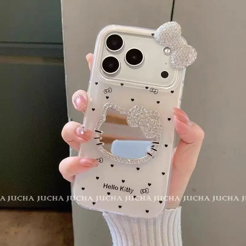 Cartoon Cat Makeup Mirror 3D Bow Case for iPhone 16 Pro Max 15 Cute Glitter Diamond Case for iPhone 14 Pro 17 Glitter Case Gift