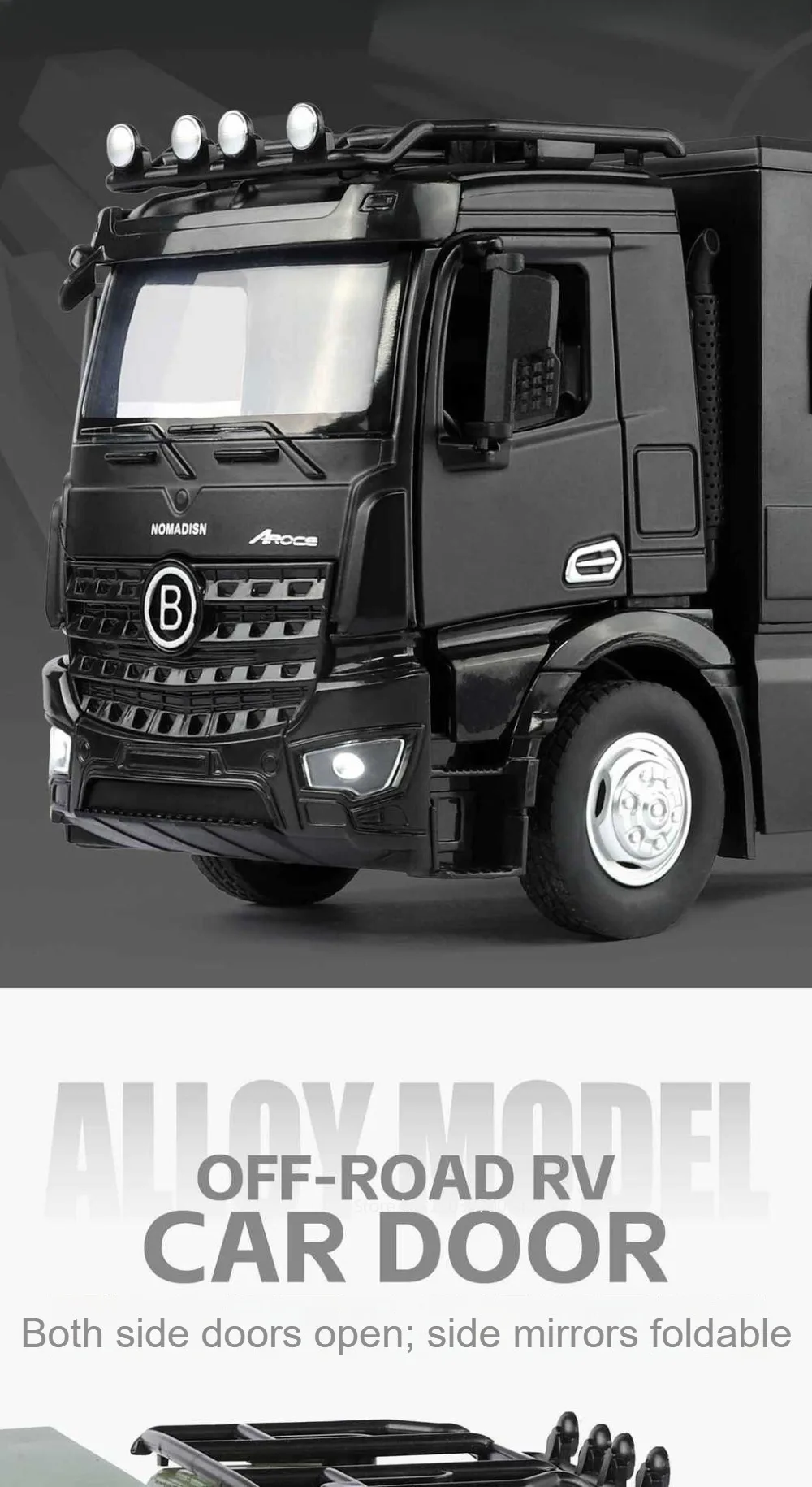 1:18 Off-road RV Diecast Models Alloy Toys Cars Folding Rearview Mirror Doors Opened with Sound Light Vehices Birthday Surprise