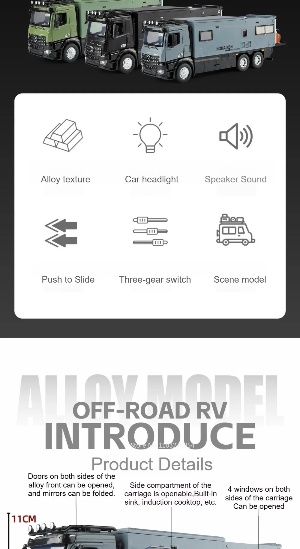 1:18 Off-road RV Diecast Models Alloy Toys Cars Folding Rearview Mirror Doors Opened with Sound Light Vehices Birthday Surprise