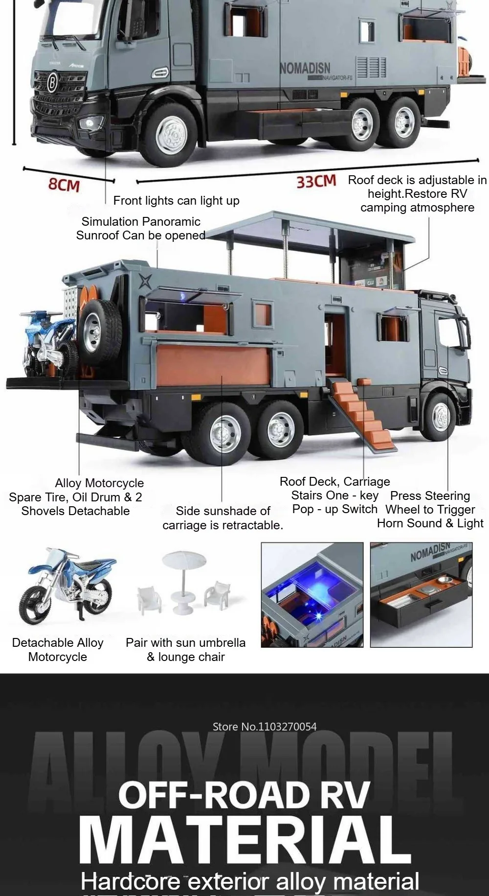 1:18 Off-road RV Diecast Models Alloy Toys Cars Folding Rearview Mirror Doors Opened with Sound Light Vehices Birthday Surprise