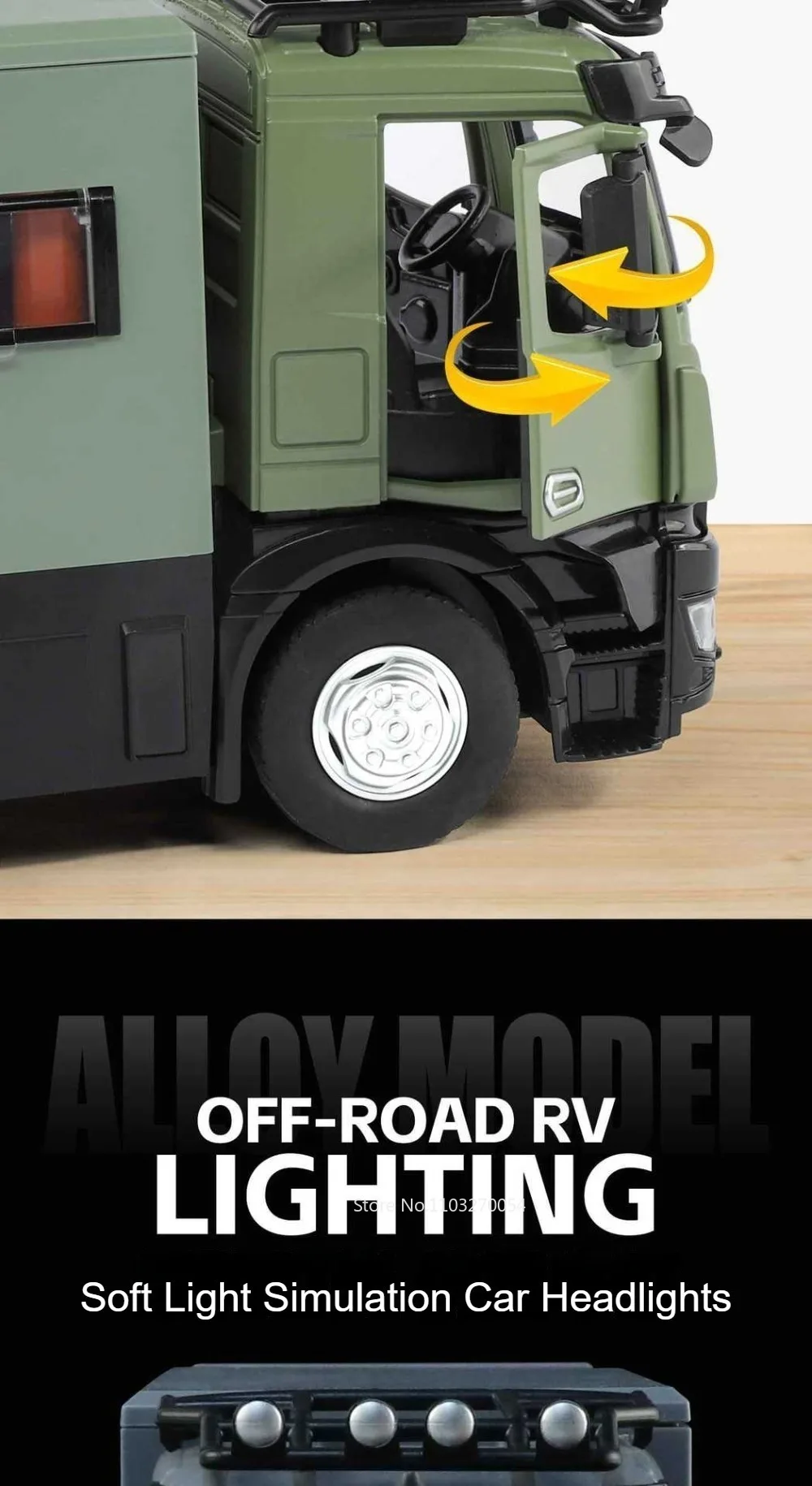 1:18 Off-road RV Diecast Models Alloy Toys Cars Folding Rearview Mirror Doors Opened with Sound Light Vehices Birthday Surprise