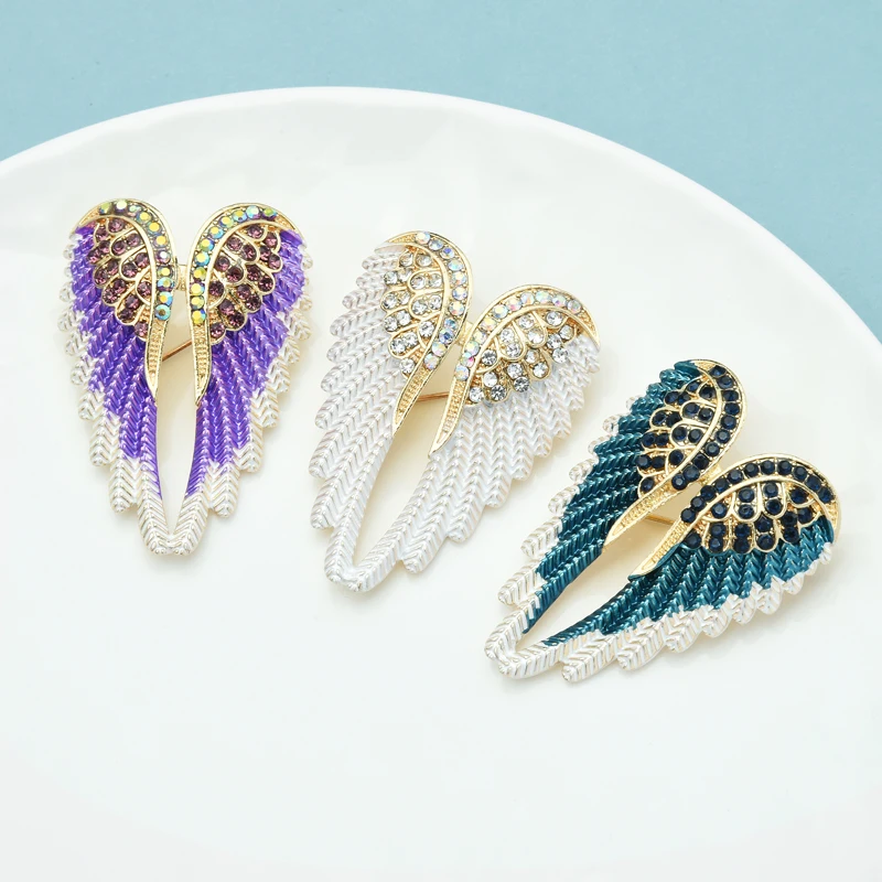 Wuli&baby Classic Rhinestone Angel Wings Brooch Pins 3 Colors 2021 Sparkling Jewelry Gift Feather Designer Brooches