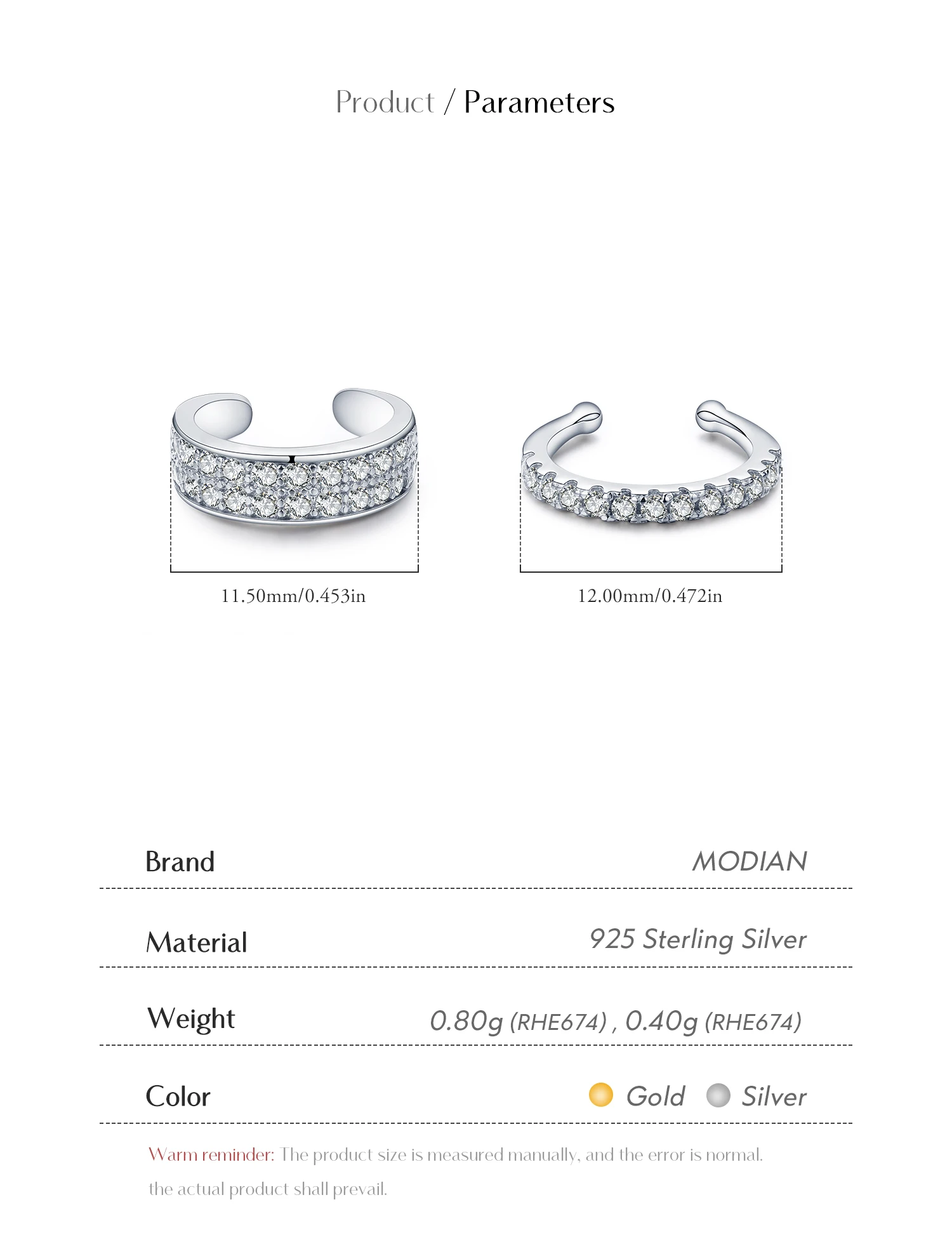 MODIAN 925 Sterling Silver Fashion Punk Cuff Earrings Sparkling Clear CZ Sparkling Clip Earrings For Women Men Unisex Jewelry