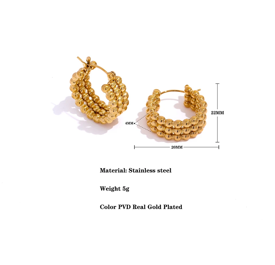 Yhpup Stainless Steel Metal Gold Hoop Earrings Fashion Charm Women 18K-Plated PVD Waterproof Jewelry Beaded Hug Earrings Gift