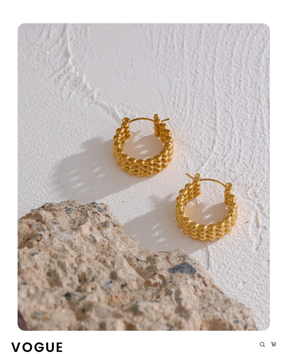 Yhpup Stainless Steel Metal Gold Hoop Earrings Fashion Charm Women 18K-Plated PVD Waterproof Jewelry Beaded Hug Earrings Gift