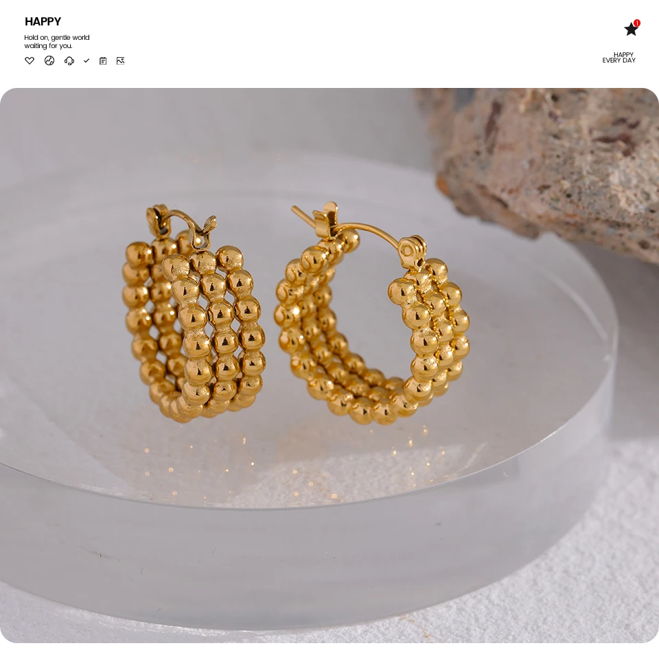 Yhpup Stainless Steel Metal Gold Hoop Earrings Fashion Charm Women 18K-Plated PVD Waterproof Jewelry Beaded Hug Earrings Gift