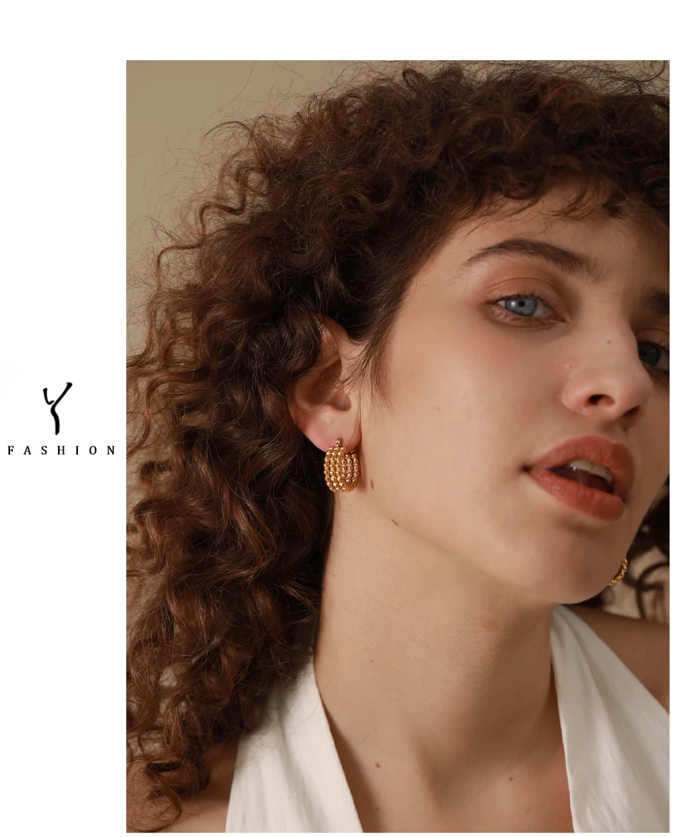 Yhpup Stainless Steel Metal Gold Hoop Earrings Fashion Charm Women 18K-Plated PVD Waterproof Jewelry Beaded Hug Earrings Gift