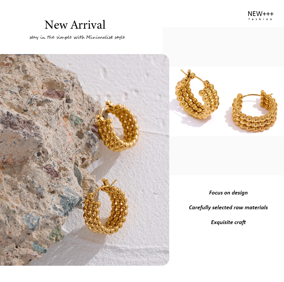 Yhpup Stainless Steel Metal Gold Hoop Earrings Fashion Charm Women 18K-Plated PVD Waterproof Jewelry Beaded Hug Earrings Gift