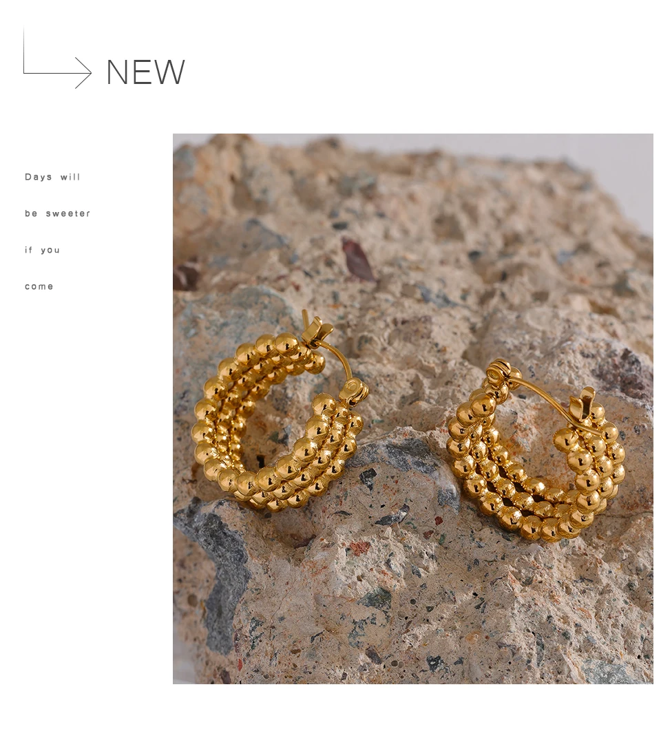Yhpup Stainless Steel Metal Gold Hoop Earrings Fashion Charm Women 18K-Plated PVD Waterproof Jewelry Beaded Hug Earrings Gift