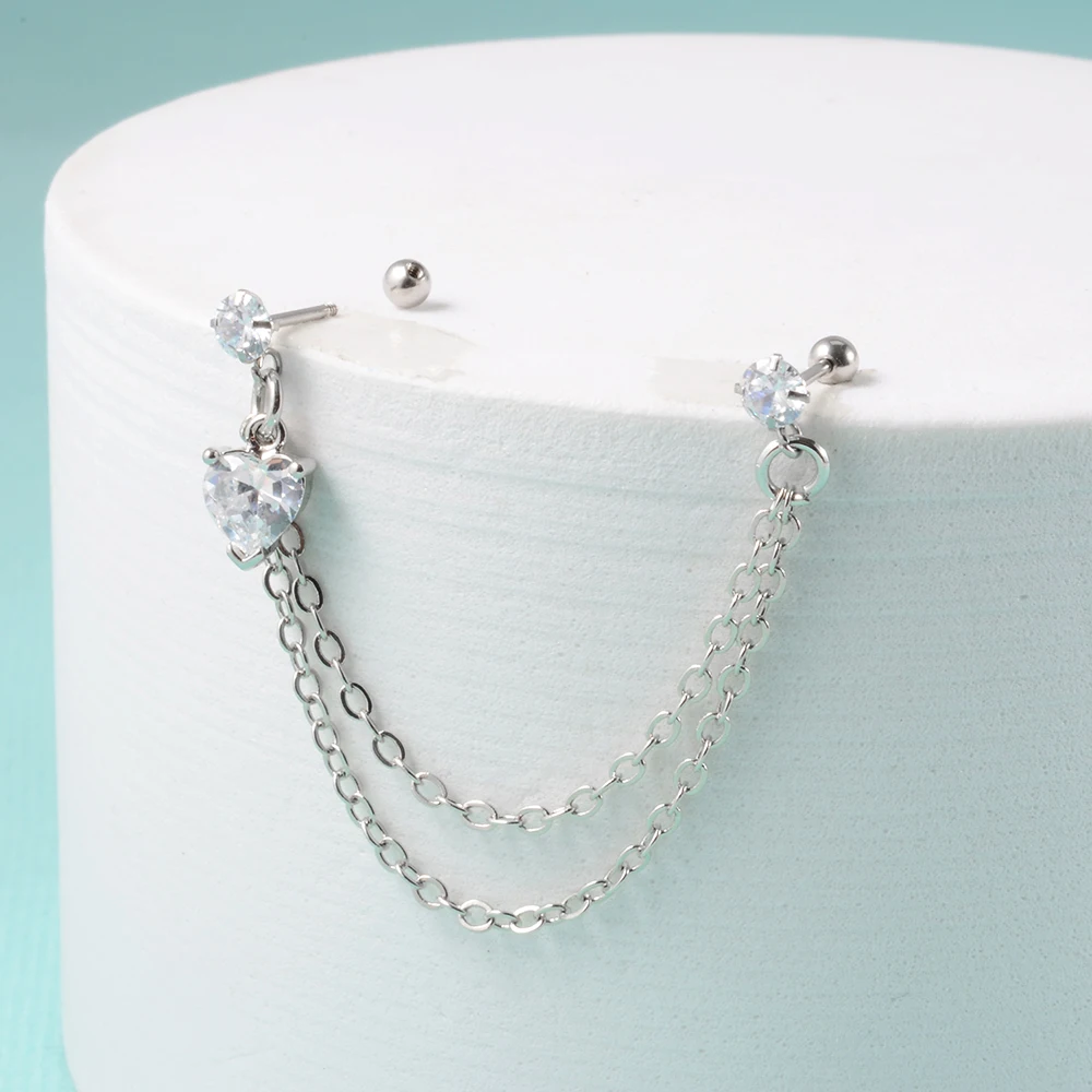 1Pcs Stainless Steel Chain Double Hole Fashion Heart Round Star Zircon Cartilage Earring for Women Helix Piercing Dangle Jewelry