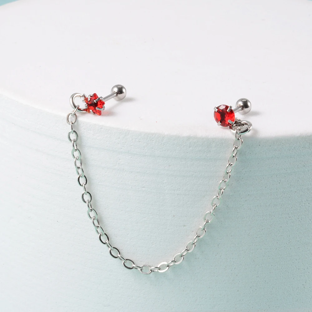 1Pcs Stainless Steel Chain Double Hole Fashion Heart Round Star Zircon Cartilage Earring for Women Helix Piercing Dangle Jewelry