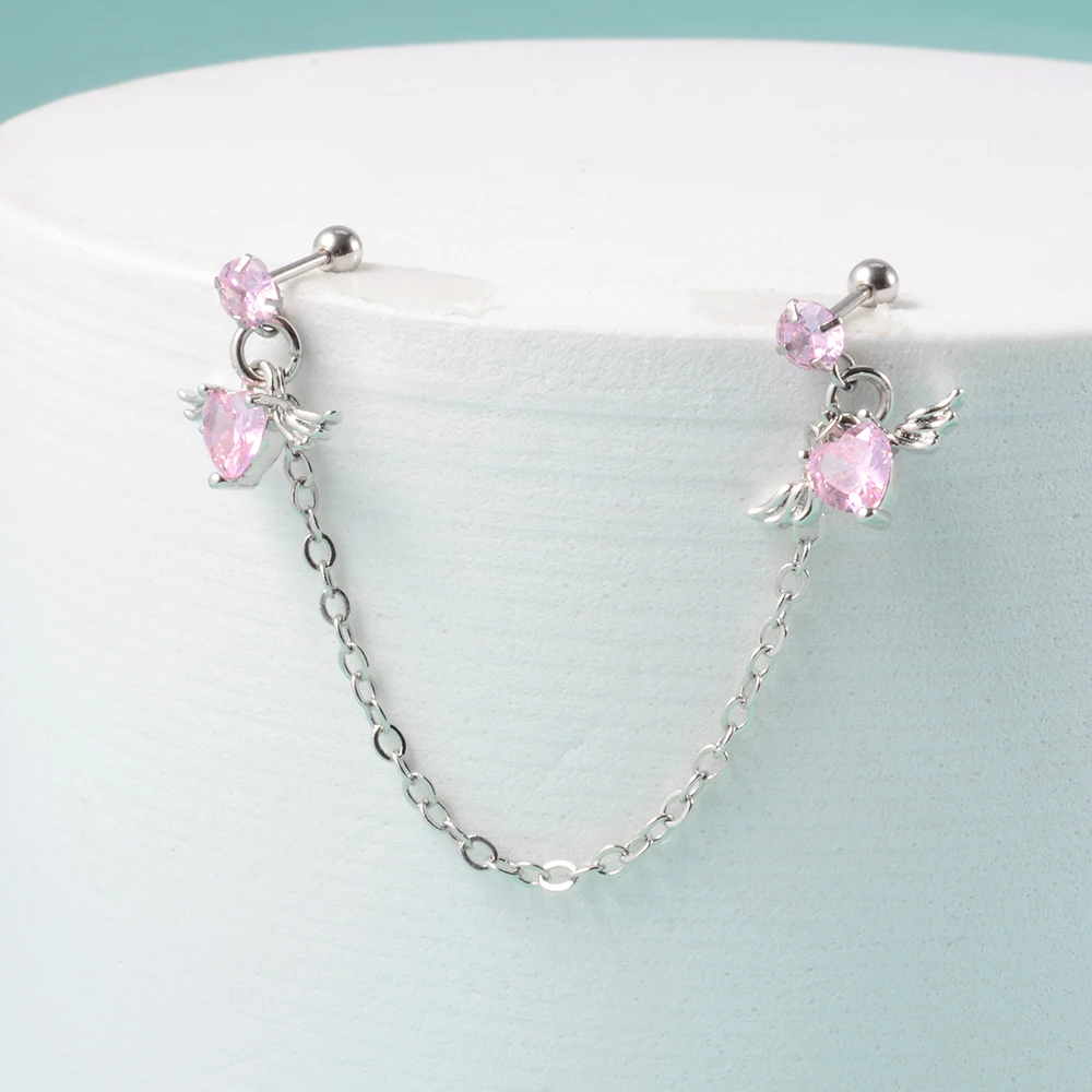 1Pcs Stainless Steel Chain Double Hole Fashion Heart Round Star Zircon Cartilage Earring for Women Helix Piercing Dangle Jewelry