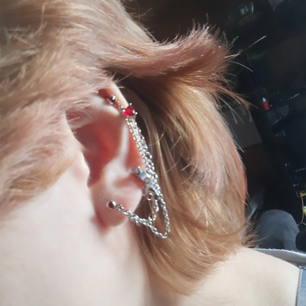 1Pcs Stainless Steel Chain Double Hole Fashion Heart Round Star Zircon Cartilage Earring for Women Helix Piercing Dangle Jewelry