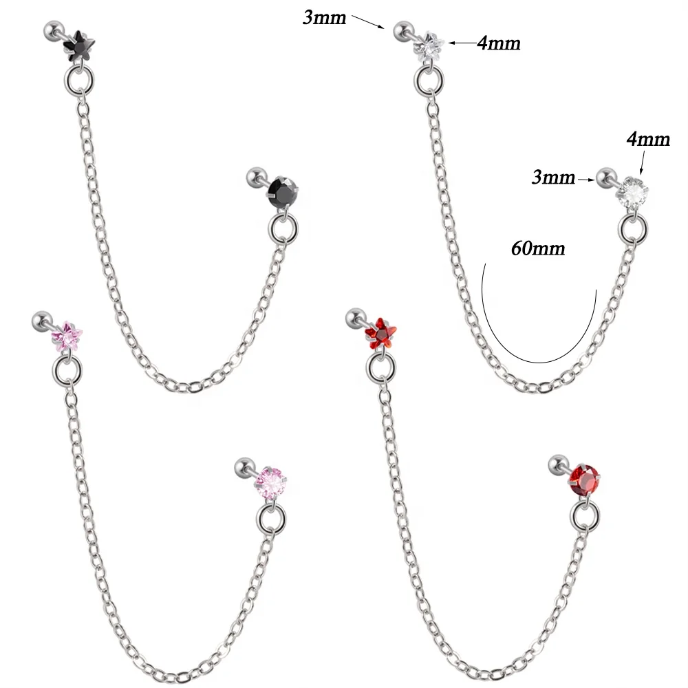 1Pcs Stainless Steel Chain Double Hole Fashion Heart Round Star Zircon Cartilage Earring for Women Helix Piercing Dangle Jewelry