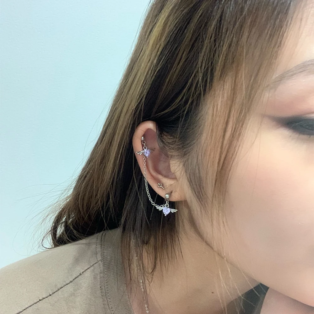 1Pcs Stainless Steel Chain Double Hole Fashion Heart Round Star Zircon Cartilage Earring for Women Helix Piercing Dangle Jewelry