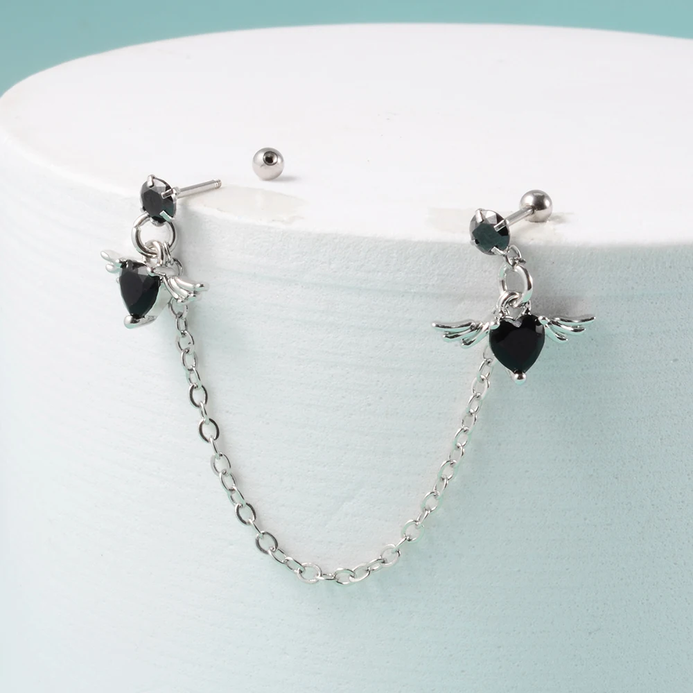 1Pcs Stainless Steel Chain Double Hole Fashion Heart Round Star Zircon Cartilage Earring for Women Helix Piercing Dangle Jewelry