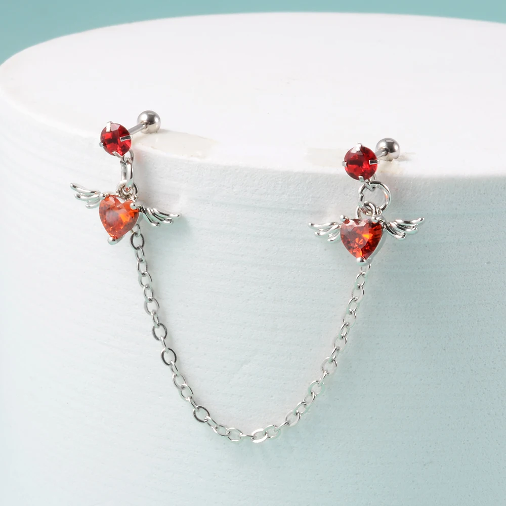 1Pcs Stainless Steel Chain Double Hole Fashion Heart Round Star Zircon Cartilage Earring for Women Helix Piercing Dangle Jewelry