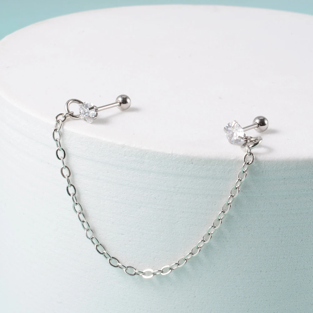 1Pcs Stainless Steel Chain Double Hole Fashion Heart Round Star Zircon Cartilage Earring for Women Helix Piercing Dangle Jewelry