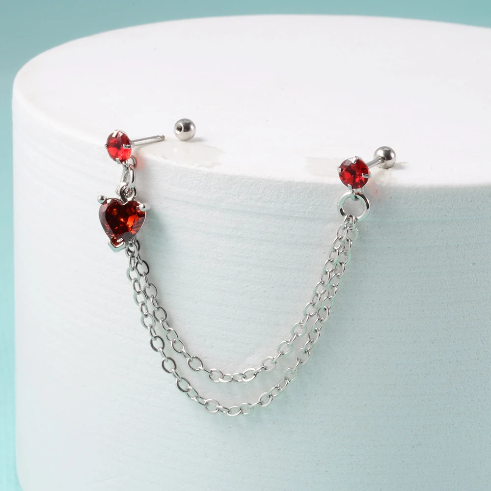1Pcs Stainless Steel Chain Double Hole Fashion Heart Round Star Zircon Cartilage Earring for Women Helix Piercing Dangle Jewelry