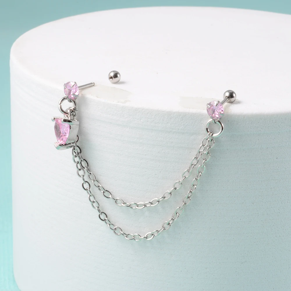 1Pcs Stainless Steel Chain Double Hole Fashion Heart Round Star Zircon Cartilage Earring for Women Helix Piercing Dangle Jewelry