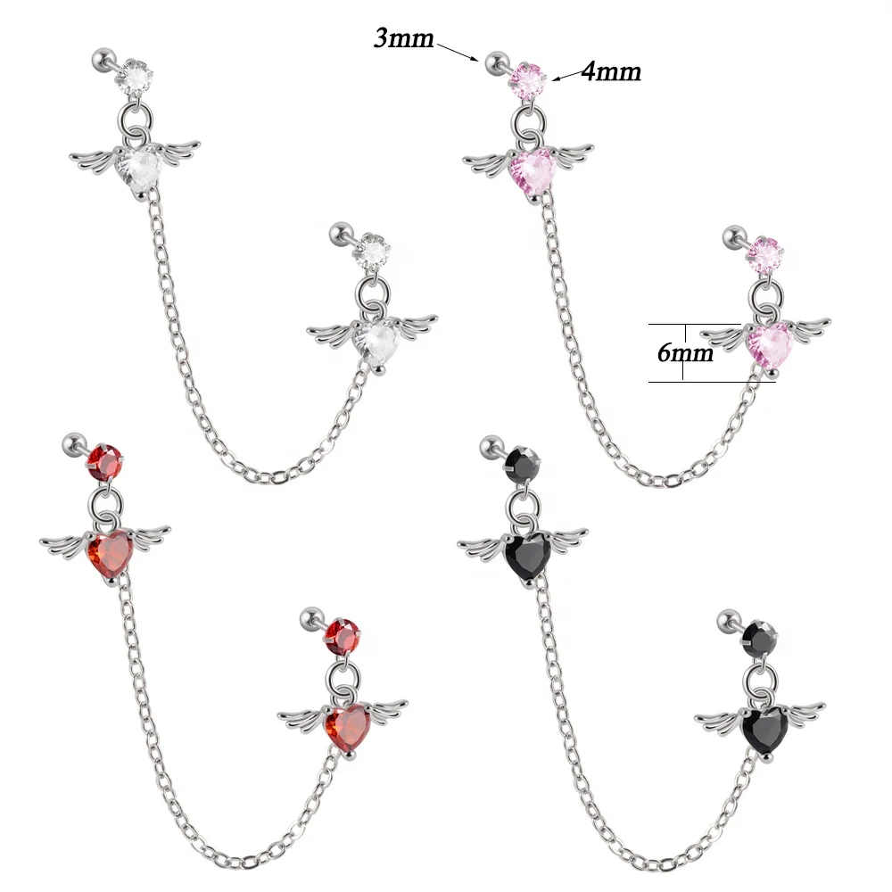 1Pcs Stainless Steel Chain Double Hole Fashion Heart Round Star Zircon Cartilage Earring for Women Helix Piercing Dangle Jewelry