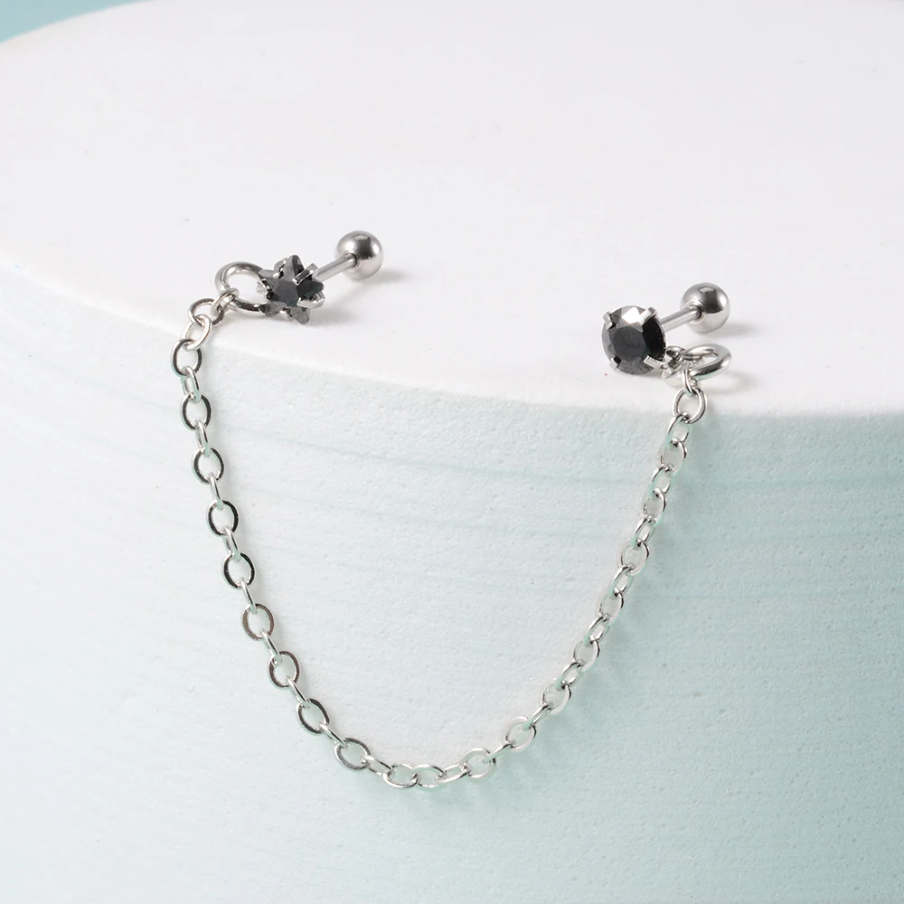 1Pcs Stainless Steel Chain Double Hole Fashion Heart Round Star Zircon Cartilage Earring for Women Helix Piercing Dangle Jewelry