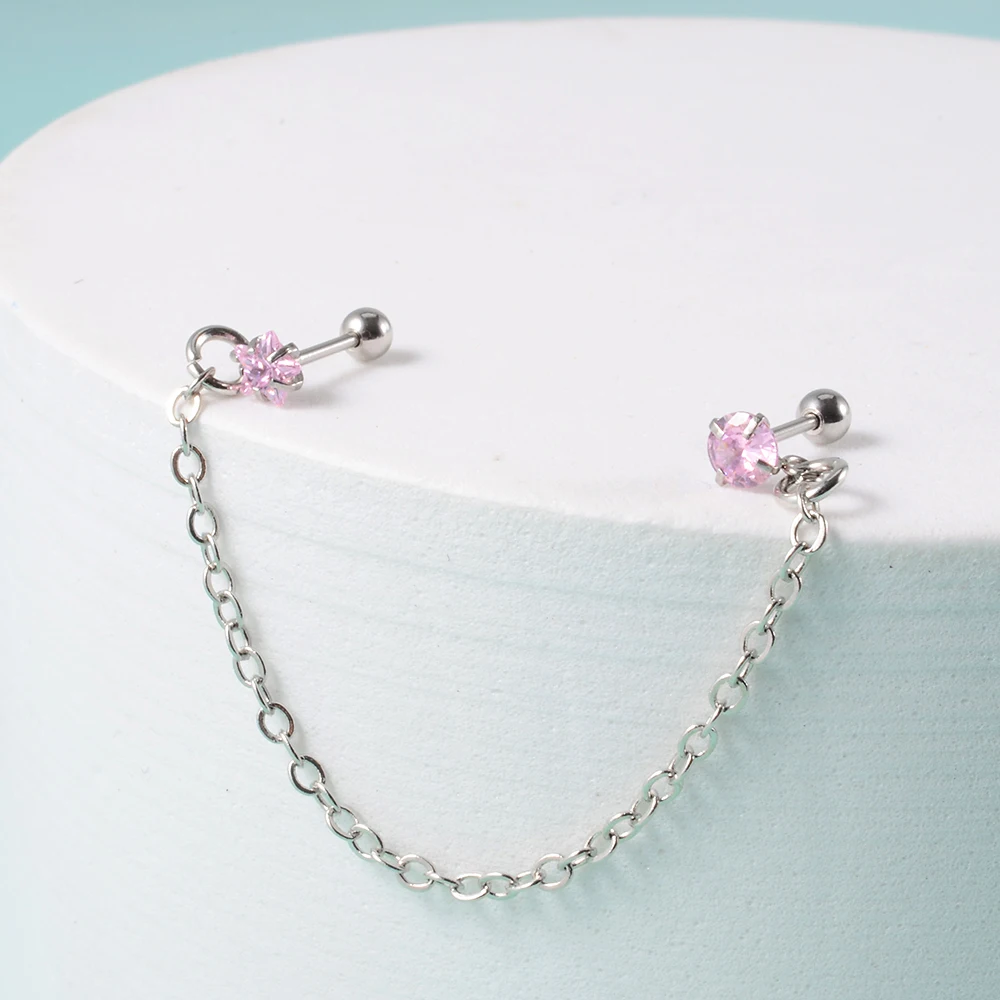 1Pcs Stainless Steel Chain Double Hole Fashion Heart Round Star Zircon Cartilage Earring for Women Helix Piercing Dangle Jewelry