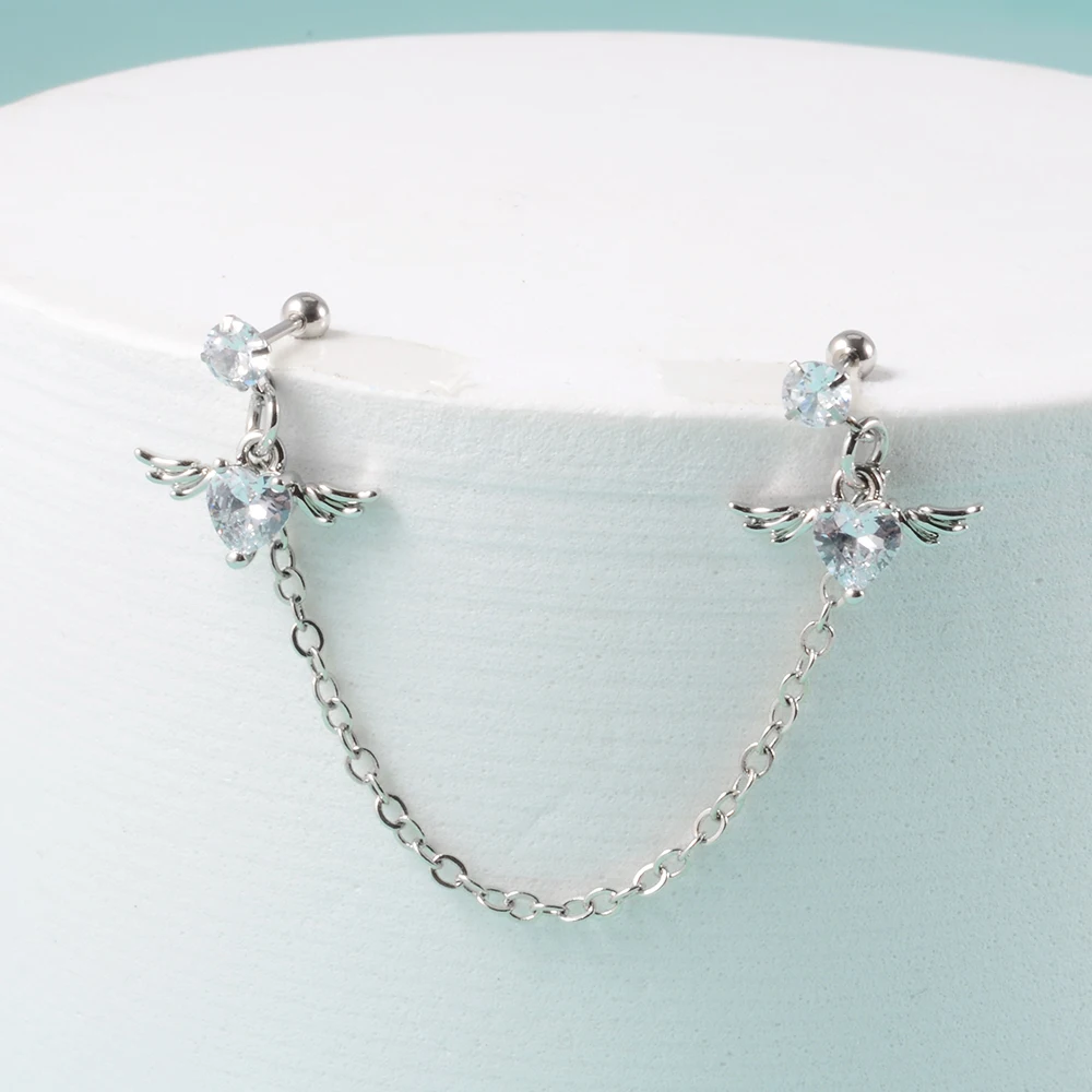 1Pcs Stainless Steel Chain Double Hole Fashion Heart Round Star Zircon Cartilage Earring for Women Helix Piercing Dangle Jewelry