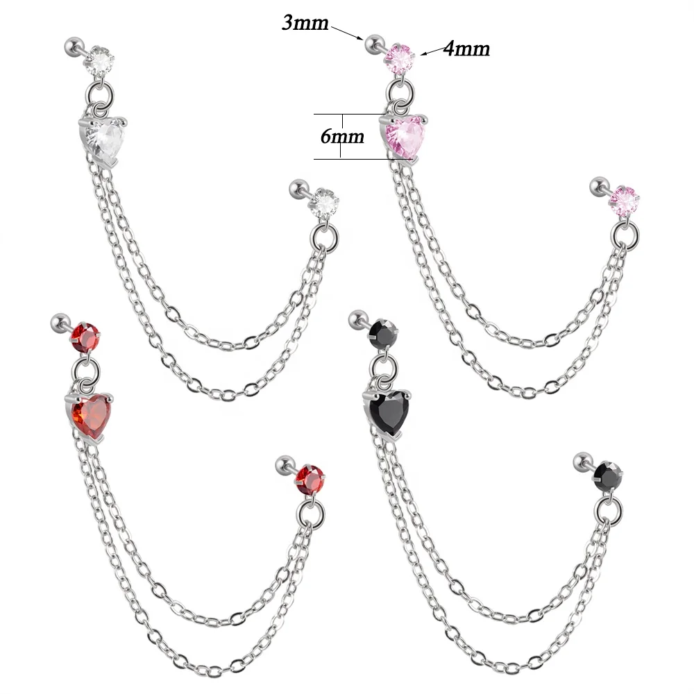 1Pcs Stainless Steel Chain Double Hole Fashion Heart Round Star Zircon Cartilage Earring for Women Helix Piercing Dangle Jewelry