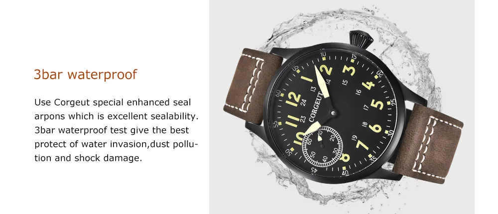 44mm Corgeut Men's Casual Watch Seagull ST36 Manual Winding Movement Leather Strap