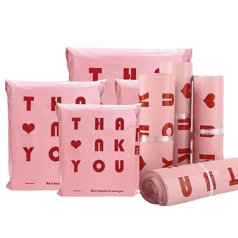 50Pcs PE Mailing Bags THANK YOU Heart Pattern Envelope Courier Bag PE Waterproof Thicken Express Postal Foldable Shopping Bag
