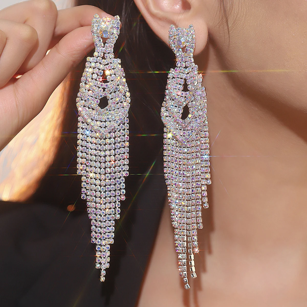 New Luxury Blue Colorful Long Tassel Earrings for Women Bridal Dangle Earrings Full Rhinestone Party Earring Wedding