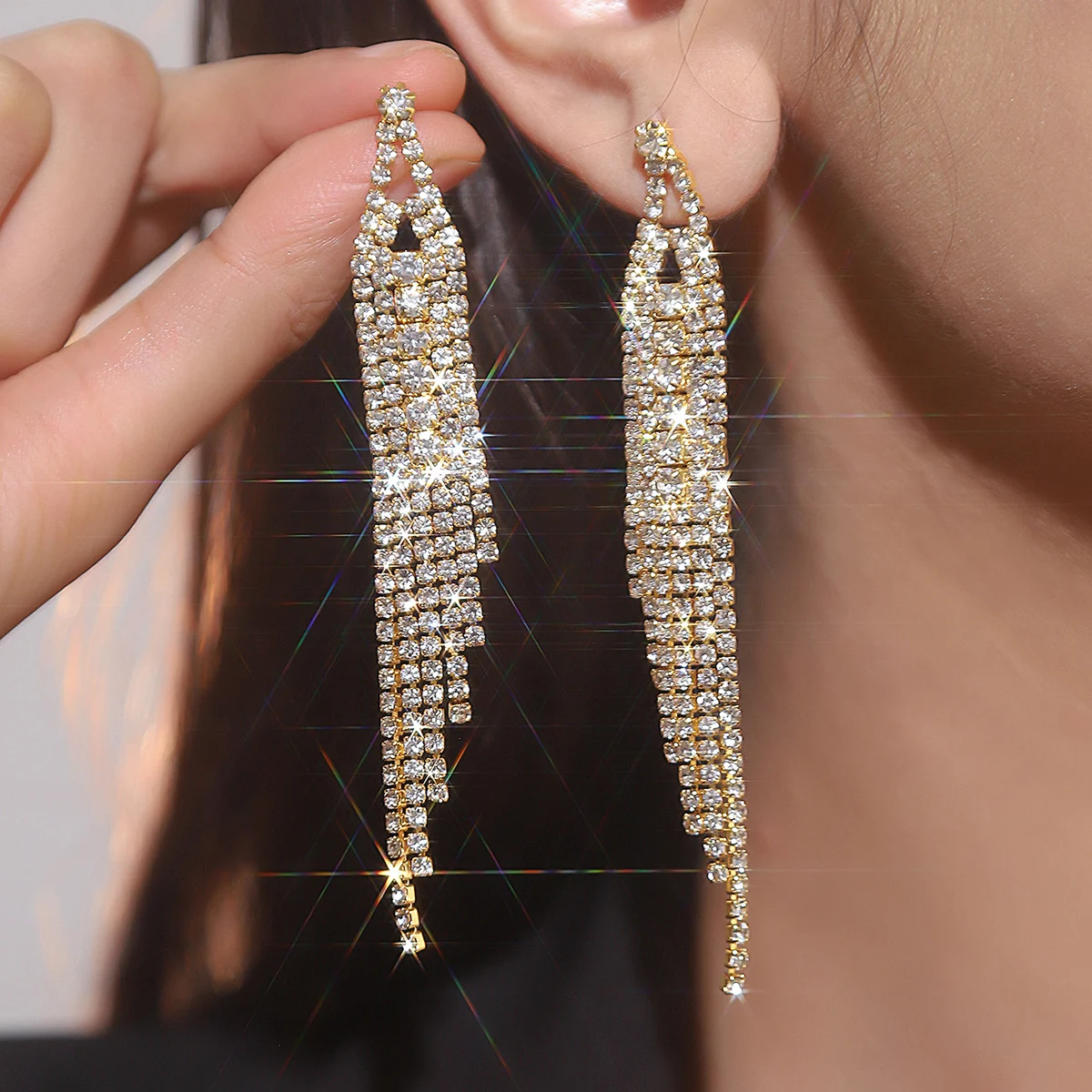 New Luxury Blue Colorful Long Tassel Earrings for Women Bridal Dangle Earrings Full Rhinestone Party Earring Wedding