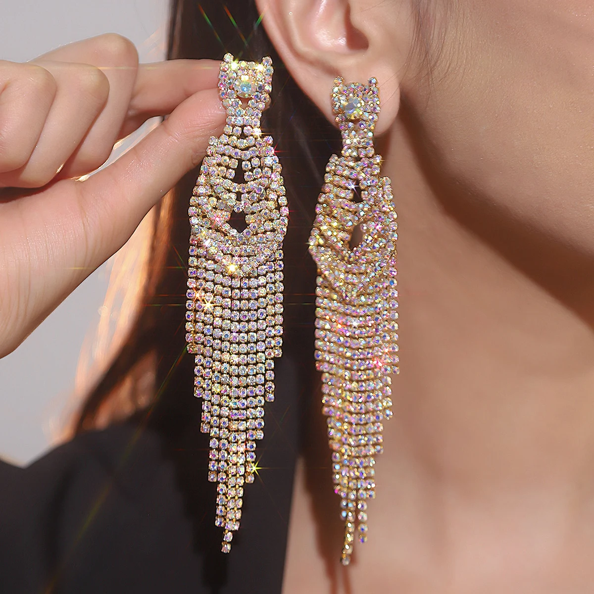 New Luxury Blue Colorful Long Tassel Earrings for Women Bridal Dangle Earrings Full Rhinestone Party Earring Wedding